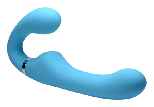 front side profile view velvety smooth blue double-ended strapless strap-on sex toy numen wellness