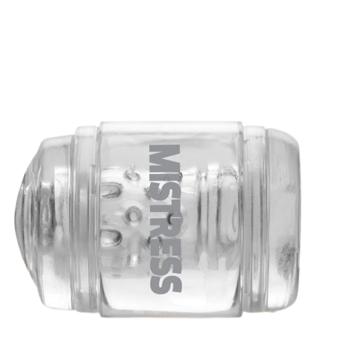 Side view of clear stroker with 'Mistress' branding