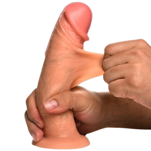 Life like vibrating dildo flesh color two hands pulling skin sex toy numen wellness