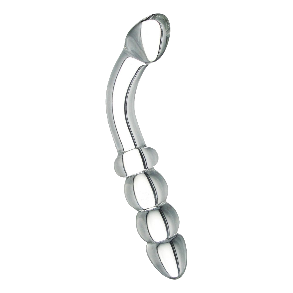 Glass dildos standing upright, showcasing smooth and beaded designs