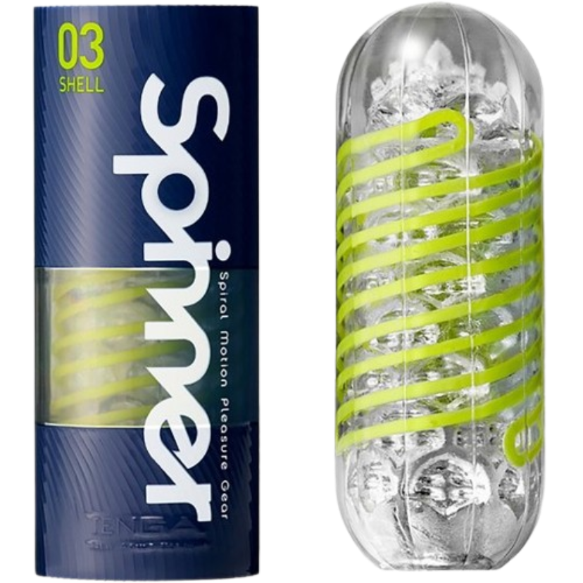 Pocket Pussy - Tenga Spinner with green lines around toy with packaging next to toy sex toy numen wellness