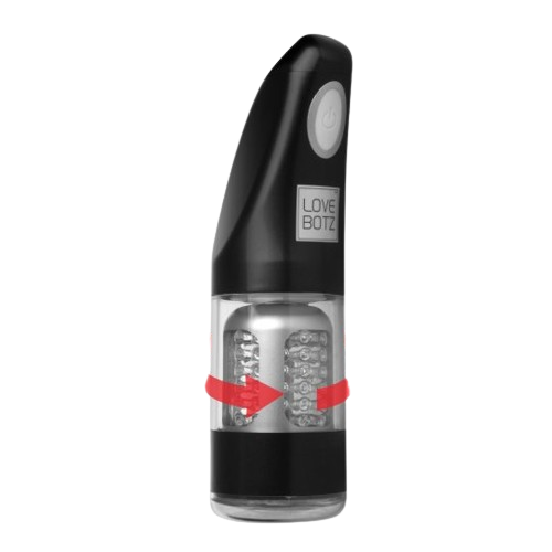 Ultra-Bator Automatic Stroker black pocket pussy standing up front view with red arrows showing the movement inside sex toy numen wellness