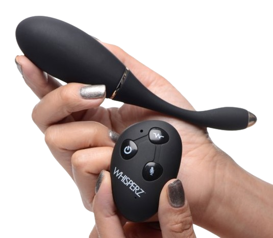 hands with silver nail polish holding black vibrating egg with black remote sex toy numen wellness