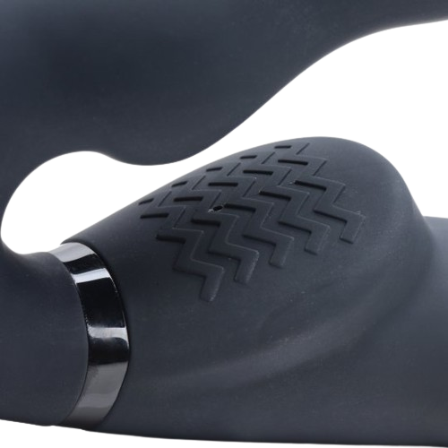 ribbed feature on the strapless strap-on black sex toy numen wellness