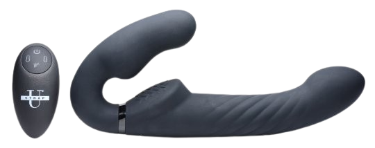 double ended strapless strap-on black with black remote side view sex toy numen wellness