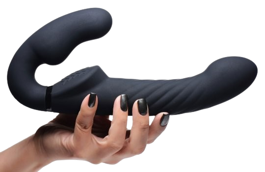 hand with black nail polish holding the double-ended strapless strap-on color black side view sex toy numen wellness