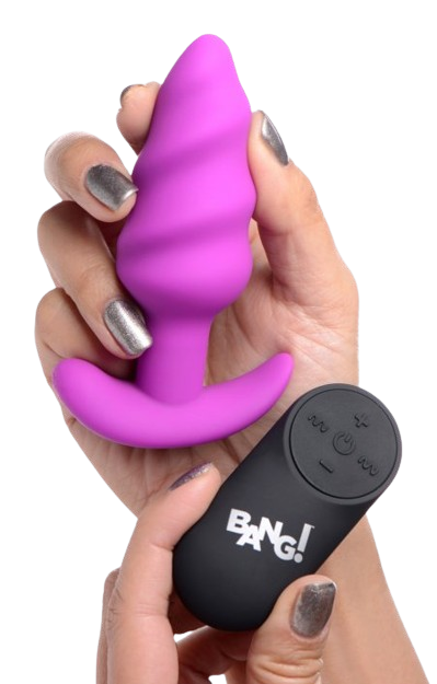 rich purple swirl vibrating butt plug with black remote hands are holding both of them sex toy numen wellness