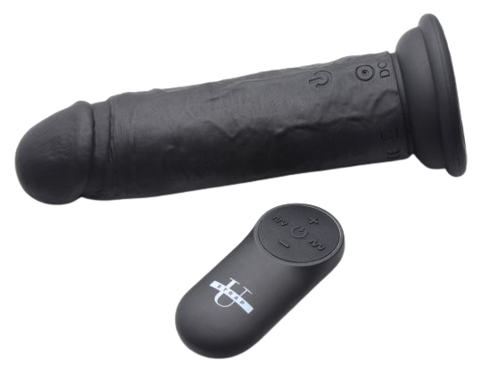 Black Power Player Vibrating Dildo suction cup with black remote aerial view sex toy numen wellness