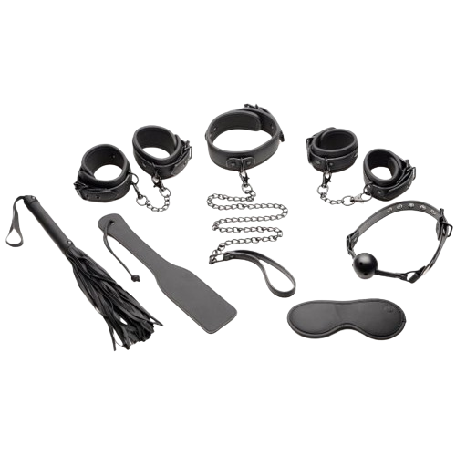 Master of Kink Bondage Set with cuffs, whip, and blindfold
