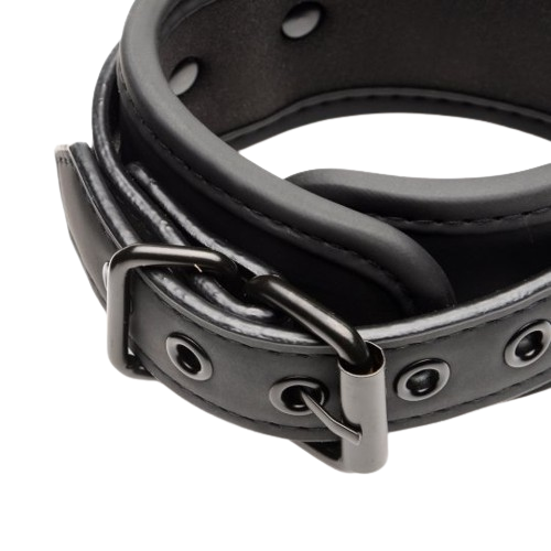 Detail of adjustable black leather bondage cuff