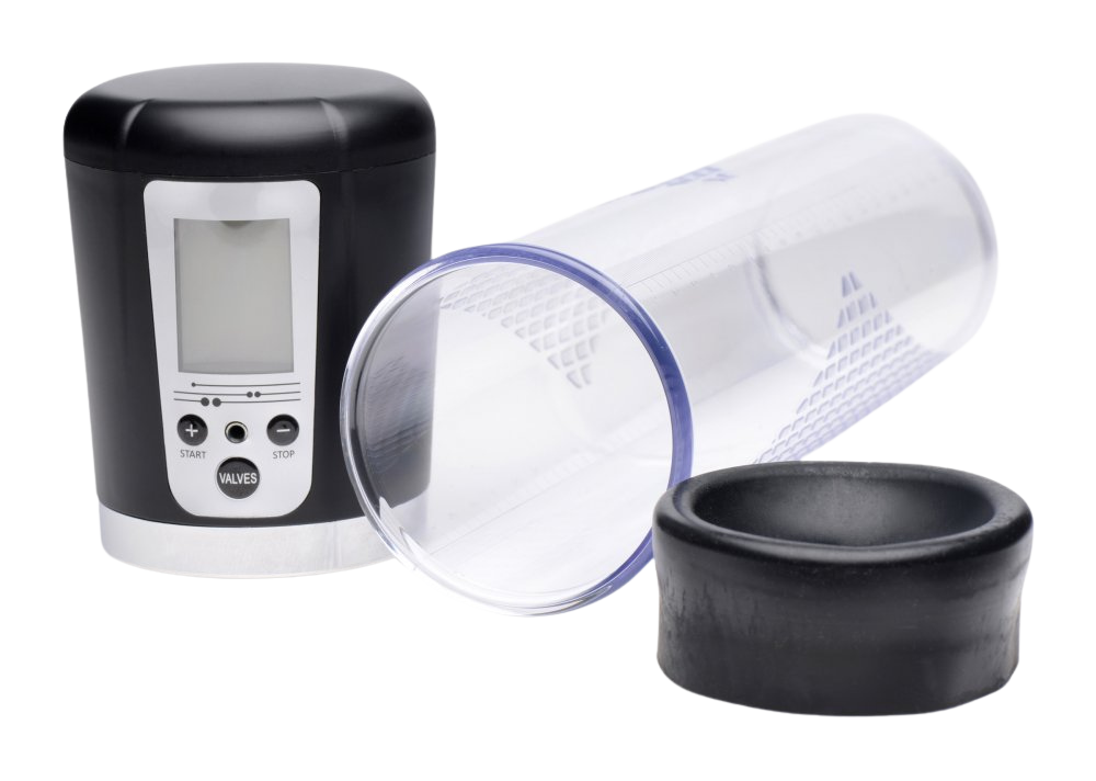 Power suction penis pump with LED display, clear cylinder, and silicone cap