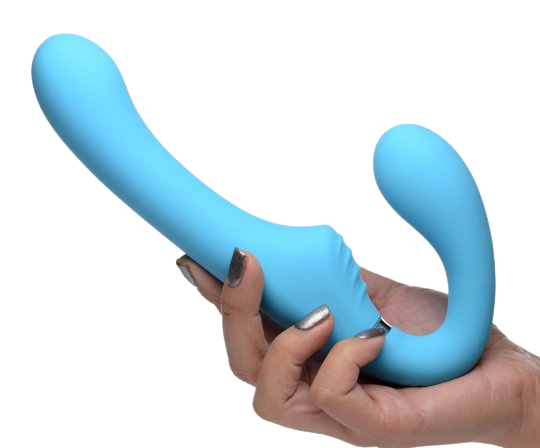 hand with silver nail polish holding velvety smooth blue, double-ended strapless strap-on sex toy numen wellness