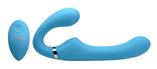 velvety smooth blue double-ended strapless strap-on with blue remote side view sex toy numen wellness