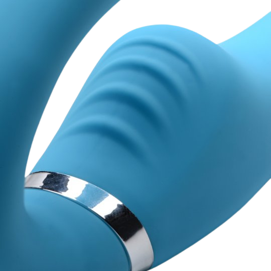 ribbed feature on the velvety smooth blue, double-ended strapless strap-on sex toy numen wellness