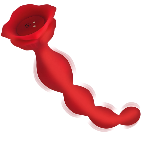 9 speed red rose vibrator with beaded silicone shaft angled side view