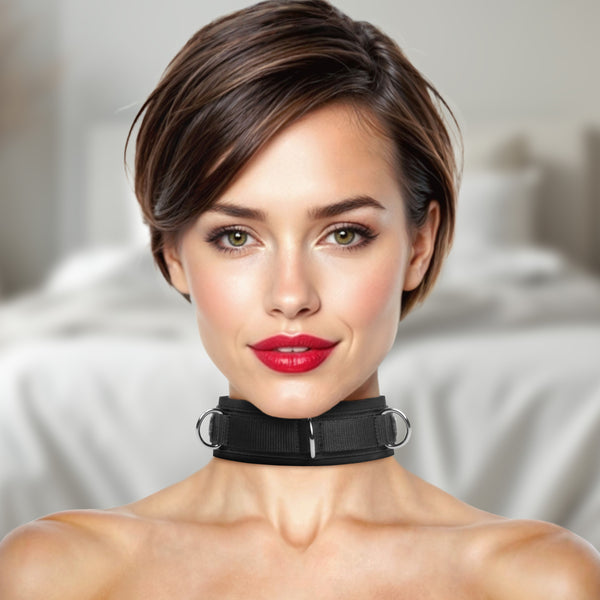 Neoprene Bondage Collar with D-Rings – collar and leash, Metal
