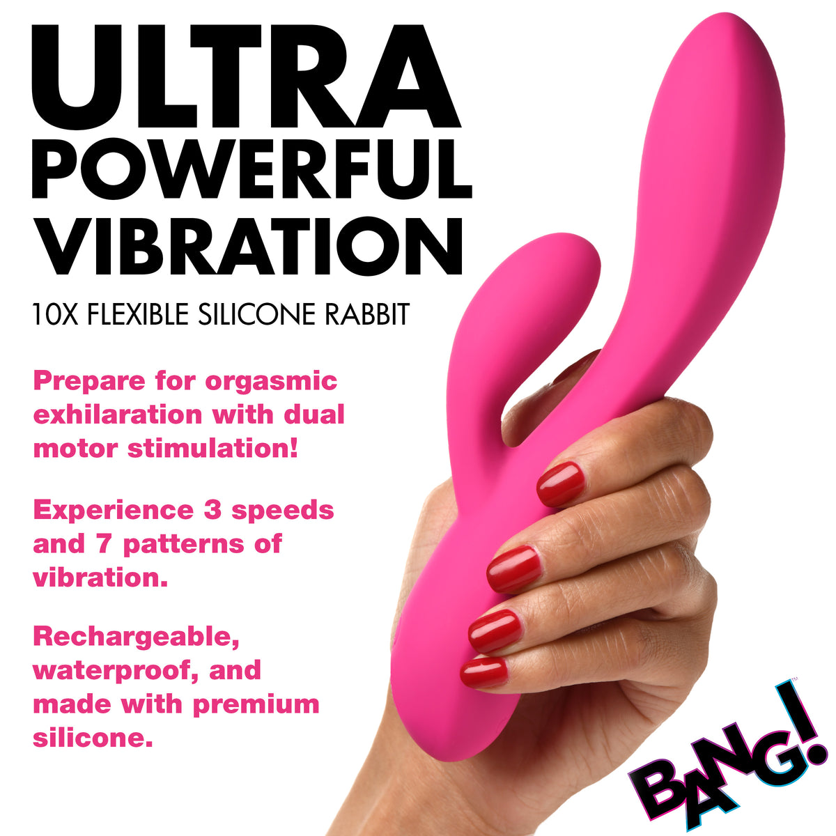 10X Flexible Silicone Rabbit Vibrator - Pink, Silicone (view 2)