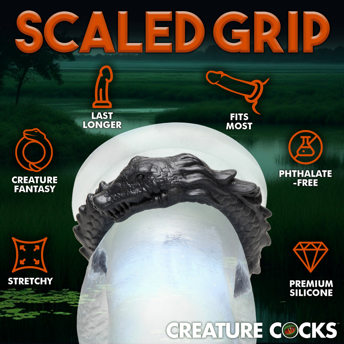 Black Caiman Silicone Cock Ring, Silicone (view 5)