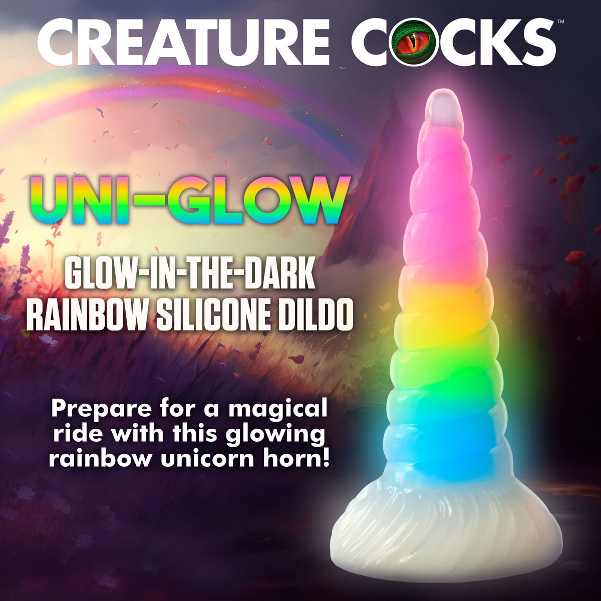 Uni-Glow Glow-In-The-Dark Rainbow Silicone Dildo, Silicone (view 2)