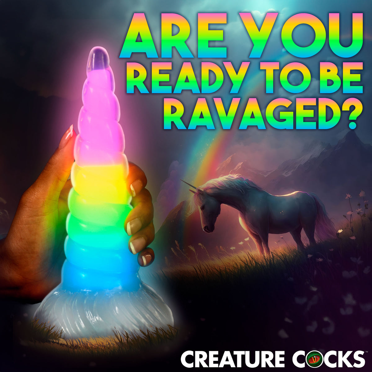 Uni-Glow Glow-In-The-Dark Rainbow Silicone Dildo, Silicone (view 3)