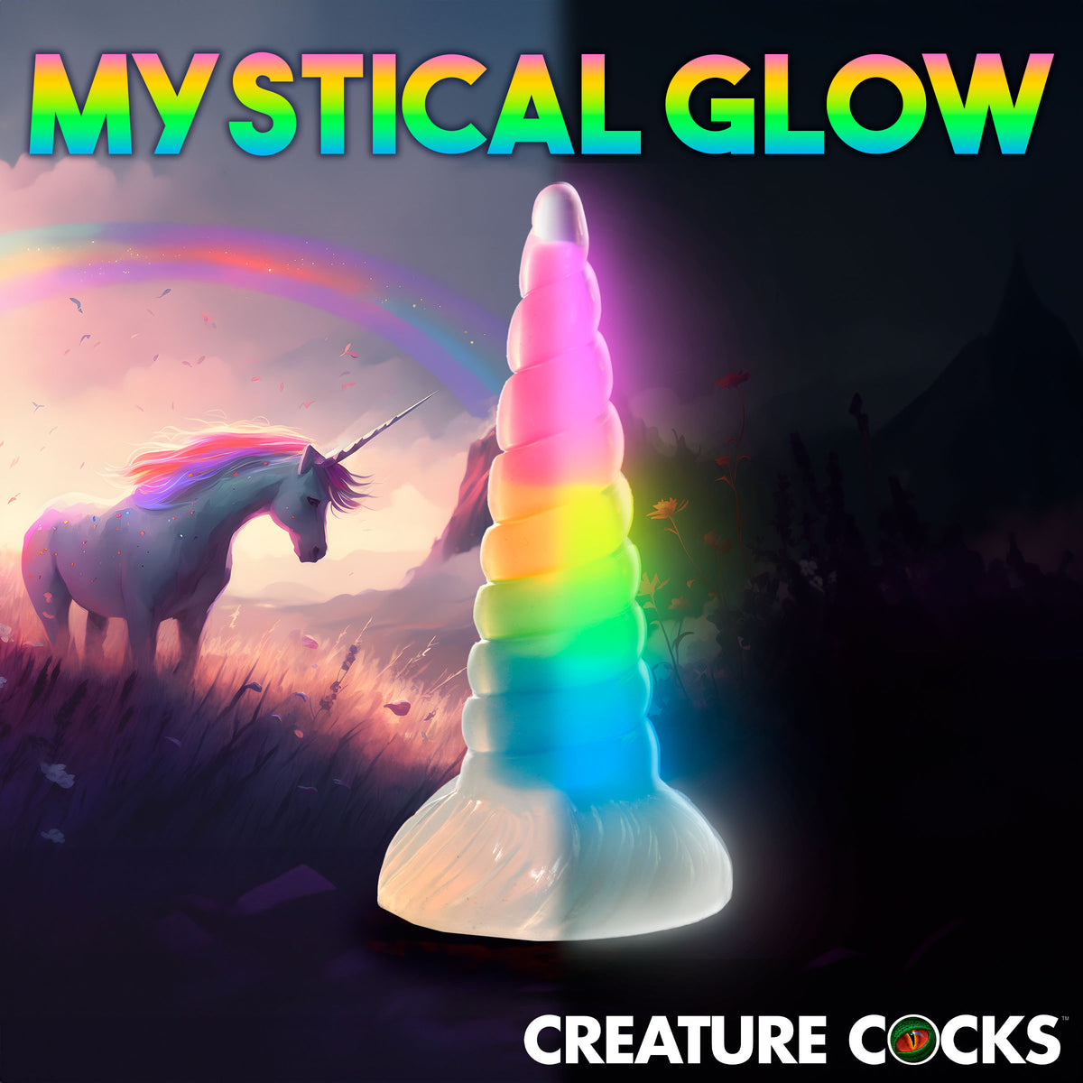 Uni-Glow Glow-In-The-Dark Rainbow Silicone Dildo, Silicone (view 5)