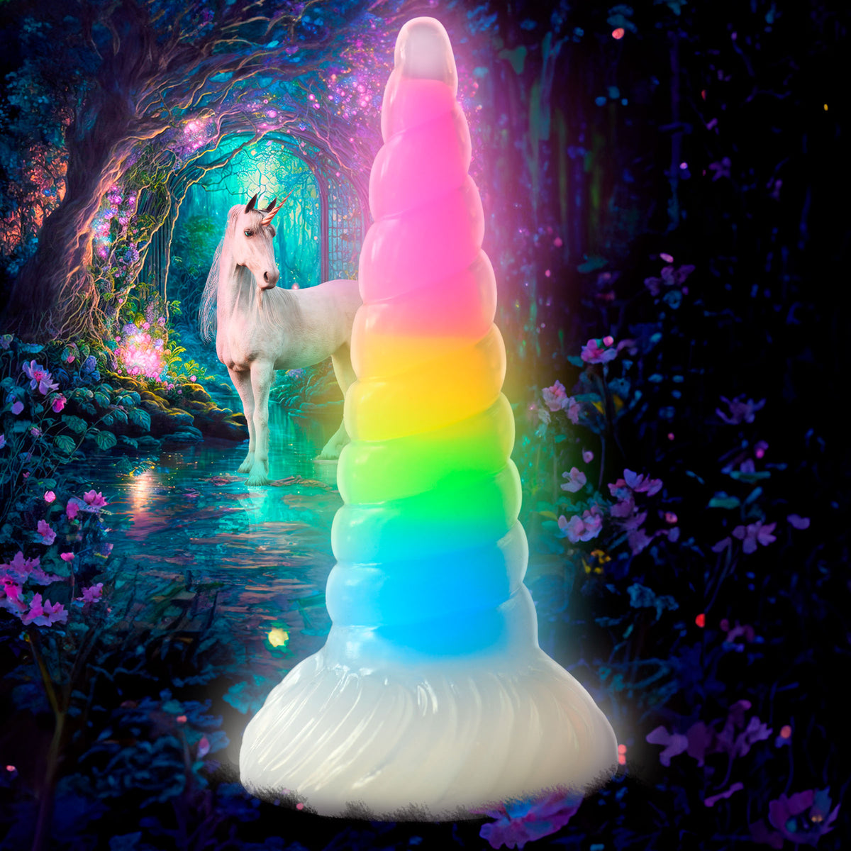 Uni-Glow Glow-In-The-Dark Rainbow Silicone Dildo, Silicone