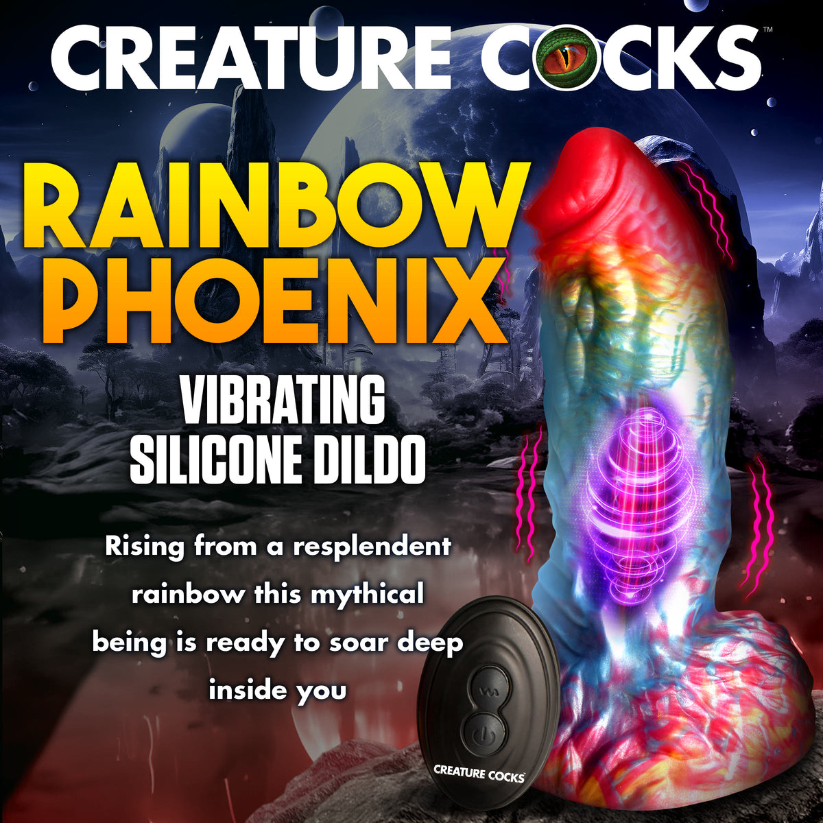 Rainbow Phoenix Vibrating Silicone Dildo with Remote, Silicone (view 2)