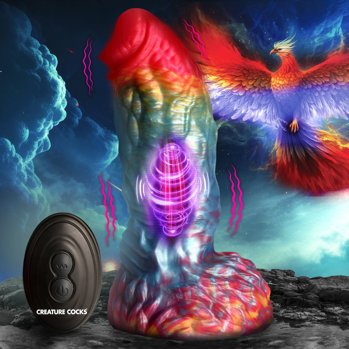 Rainbow Phoenix Vibrating Silicone Dildo with Remote, Silicone