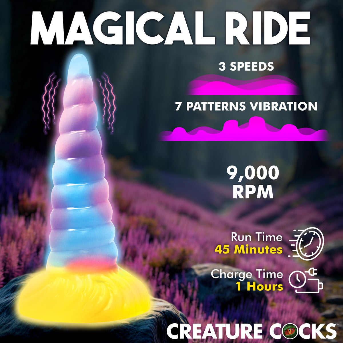 Unicorn Glow-in-the-Dark Vibrating Silicone Dildo, Silicone (view 3)