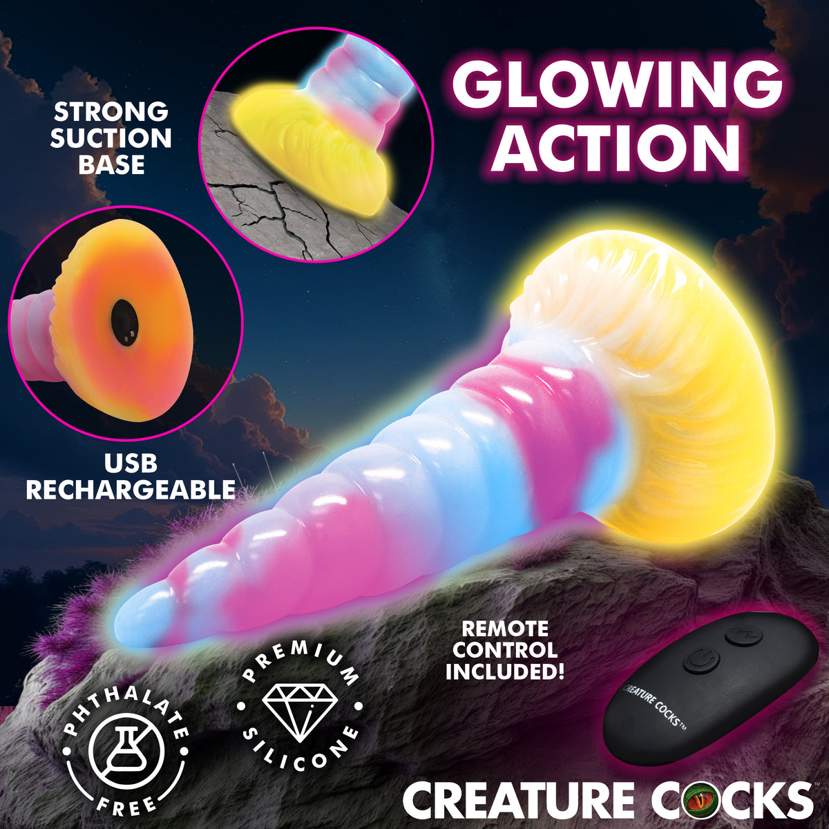 Unicorn Glow-in-the-Dark Vibrating Silicone Dildo, Silicone (view 2)