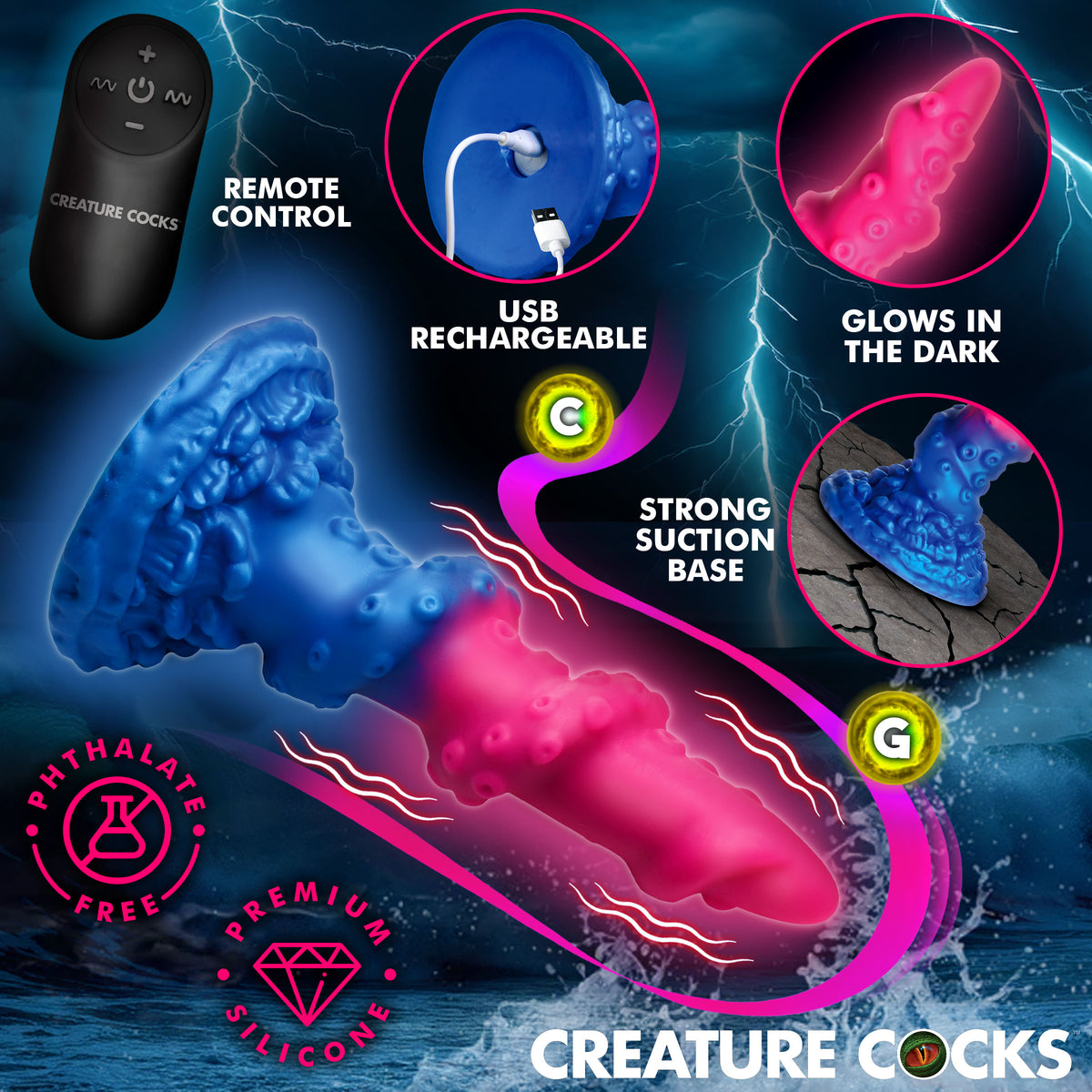 Deluxe Lord Kraken Vibrating Glow-in-the-Dark Silicone Dildo, Silicone (view 2)