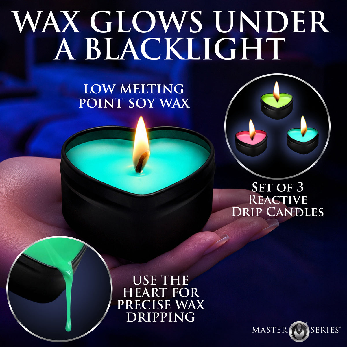 Burning Heart Blacklight Reactive Heart Drip Candle Set of 3 – arousal gel and spray (view 2)