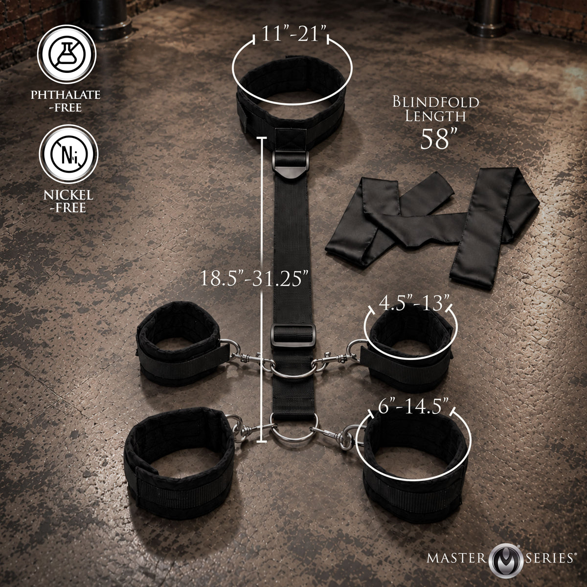 Submission Restraint Neck-Wrist-Ankle Restraints with Blindfold – hood and blindfold (view 4)