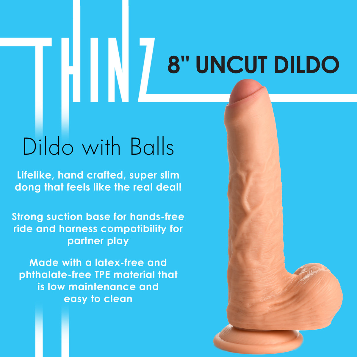 8 Inch uncut Dildo with Balls, TPE (view 2)