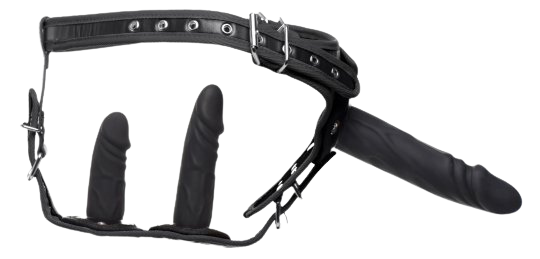 Side view of double penetration strap on harness