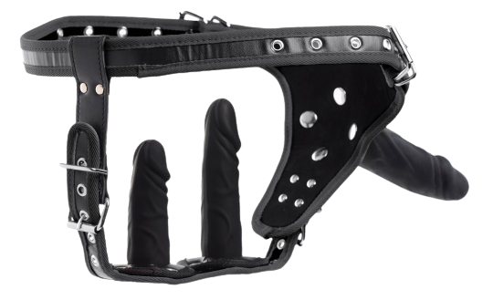 Detailed view of double penetration strap on harness