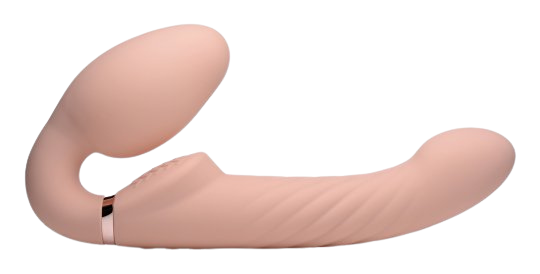 Side view of inflatable vibrating silicone strapless strap-on