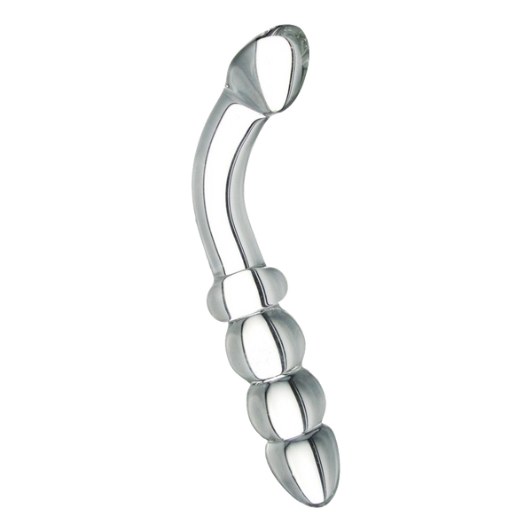 Glass dildos standing upright, showcasing smooth and beaded designs