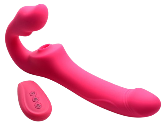 Pink strapless strap-on with remote control