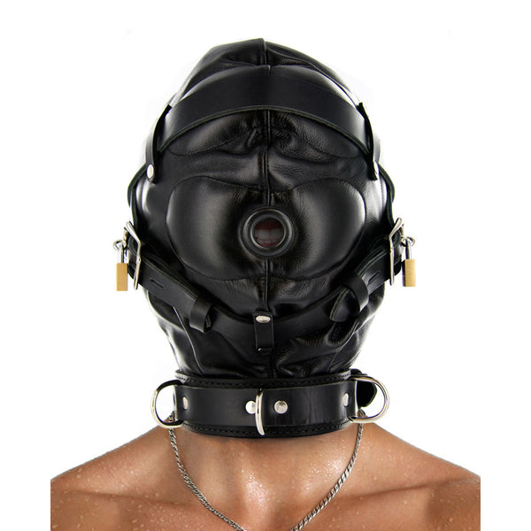 Strict Leather Sensory Deprivation Hood- ML – hood and blindfold, Metal