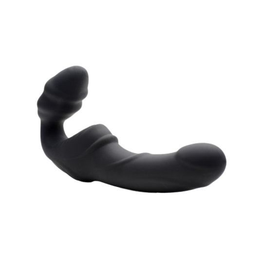 Black Ribbed Vibrating Silicone Strapless Strap On front view sex toy numen wellness