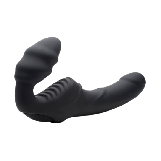 Black Ribbed Vibrating Silicone Strapless Strap On rear view sex toy numen wellness