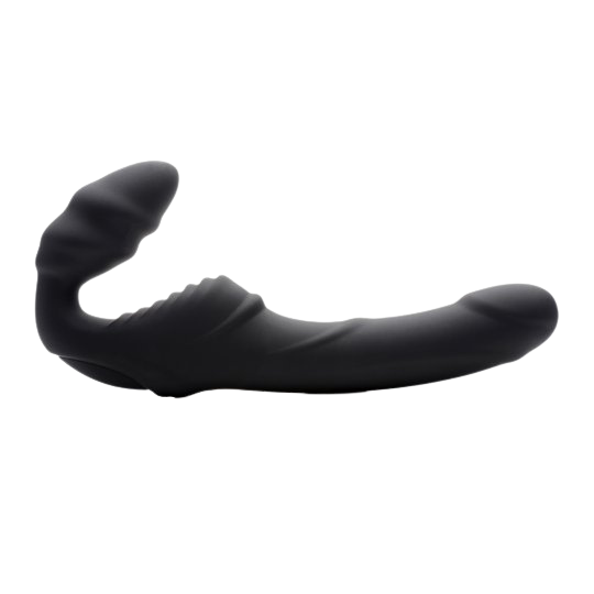 Black Ribbed Vibrating Silicone Strapless Strap On side view sex toy numen wellness