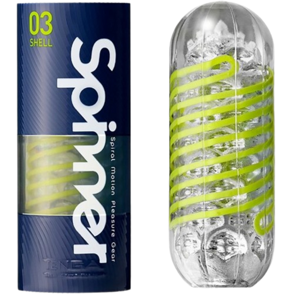 Pocket Pussy - Tenga Spinner with green lines around toy with packaging next to toy sex toy numen wellness