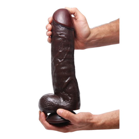 Brown colored The Forearm 13 Inch Dildo with Suction Cup two hands holding straight up sex toy numen wellness