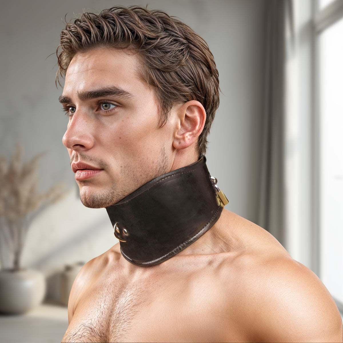 Padded Leather Locking Posture Collar – collar and leash, Metal