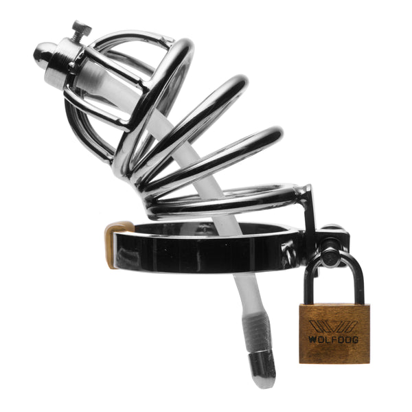 Stainless Steel Chastity Cage with Silicone Urethral Plug – chastity device, Silicone