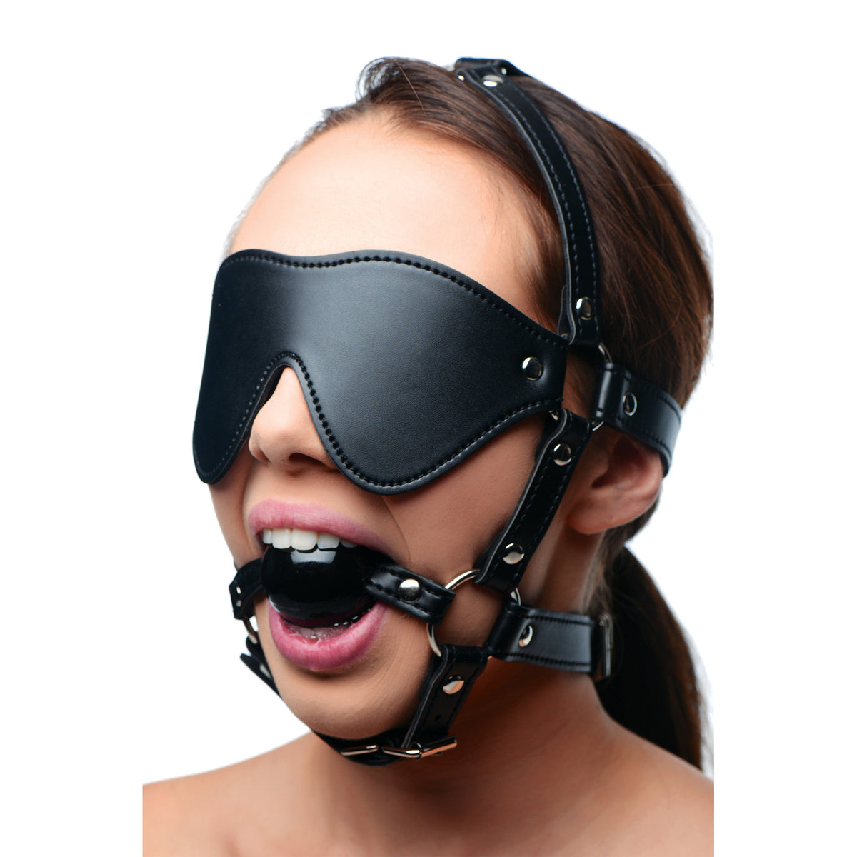 Blindfold Harness and Black Ball Gag, Metal