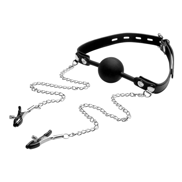 Silicone Ball Gag with Nipple Clamps, Silicone