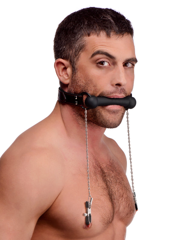 Silicone Bit Gag with Nipple Clamps, Silicone